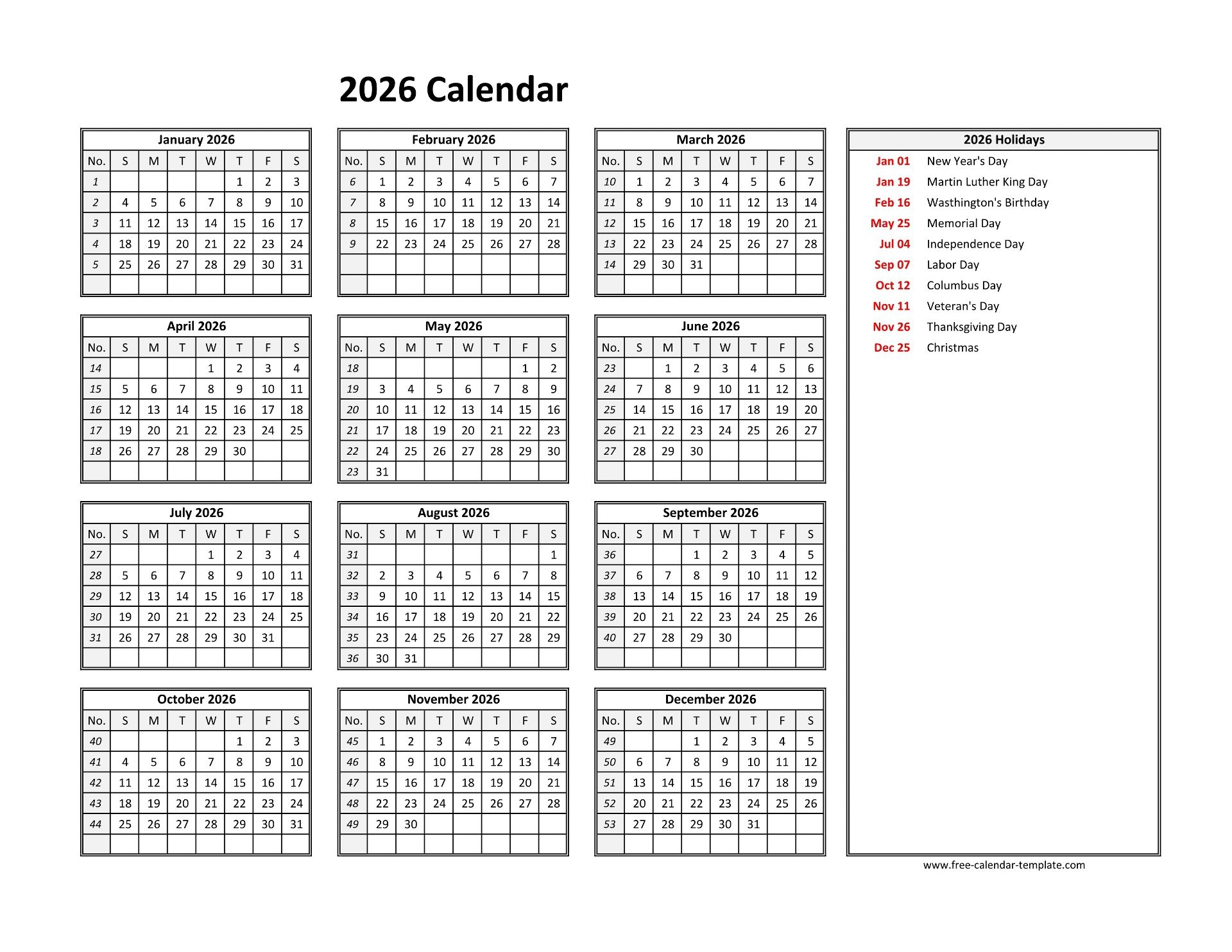 Blank 2026 Yearly Calendar Printable Blank 2026 Yearly Calendar Printable