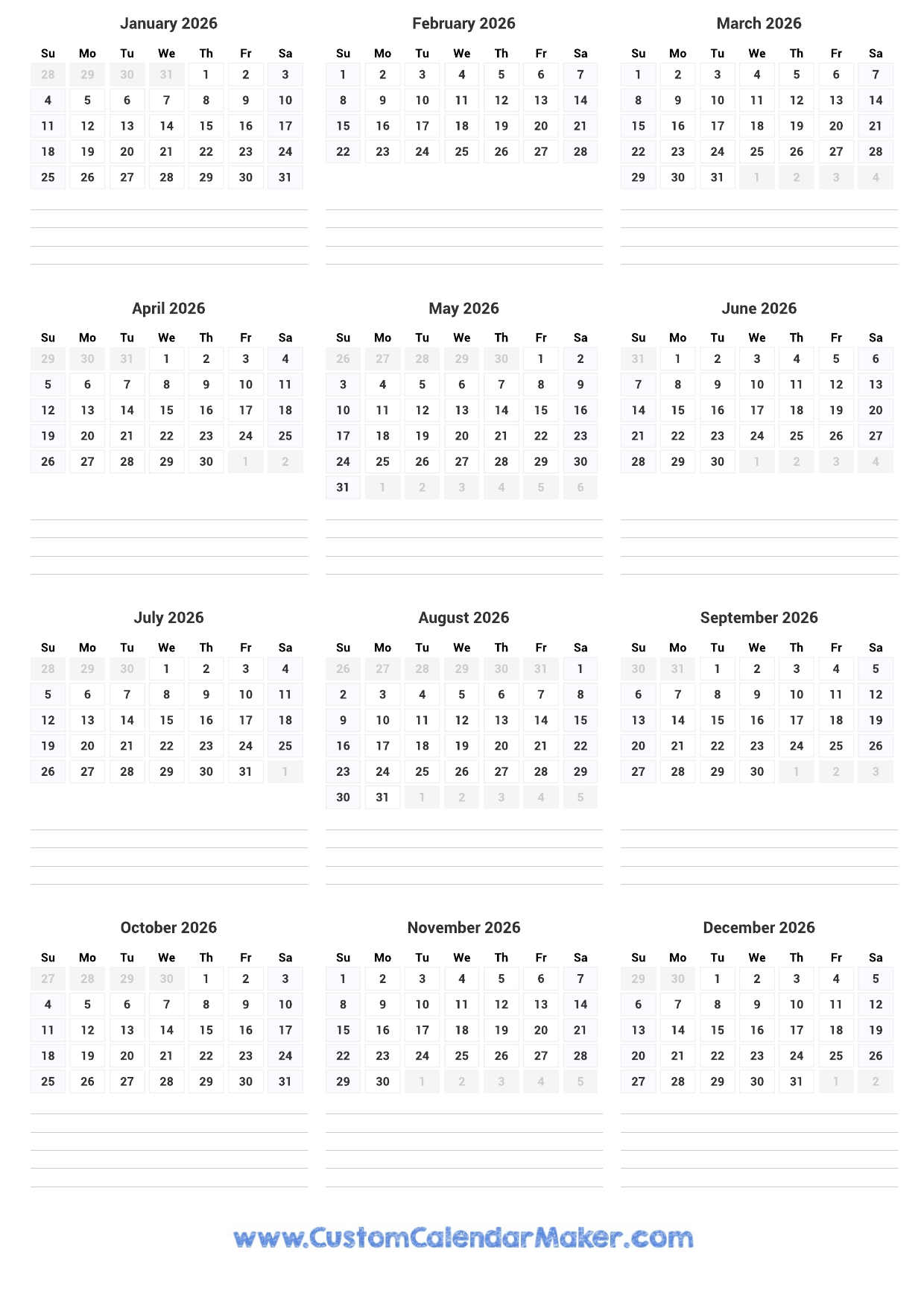 December 2026 Calendar Printable Notes