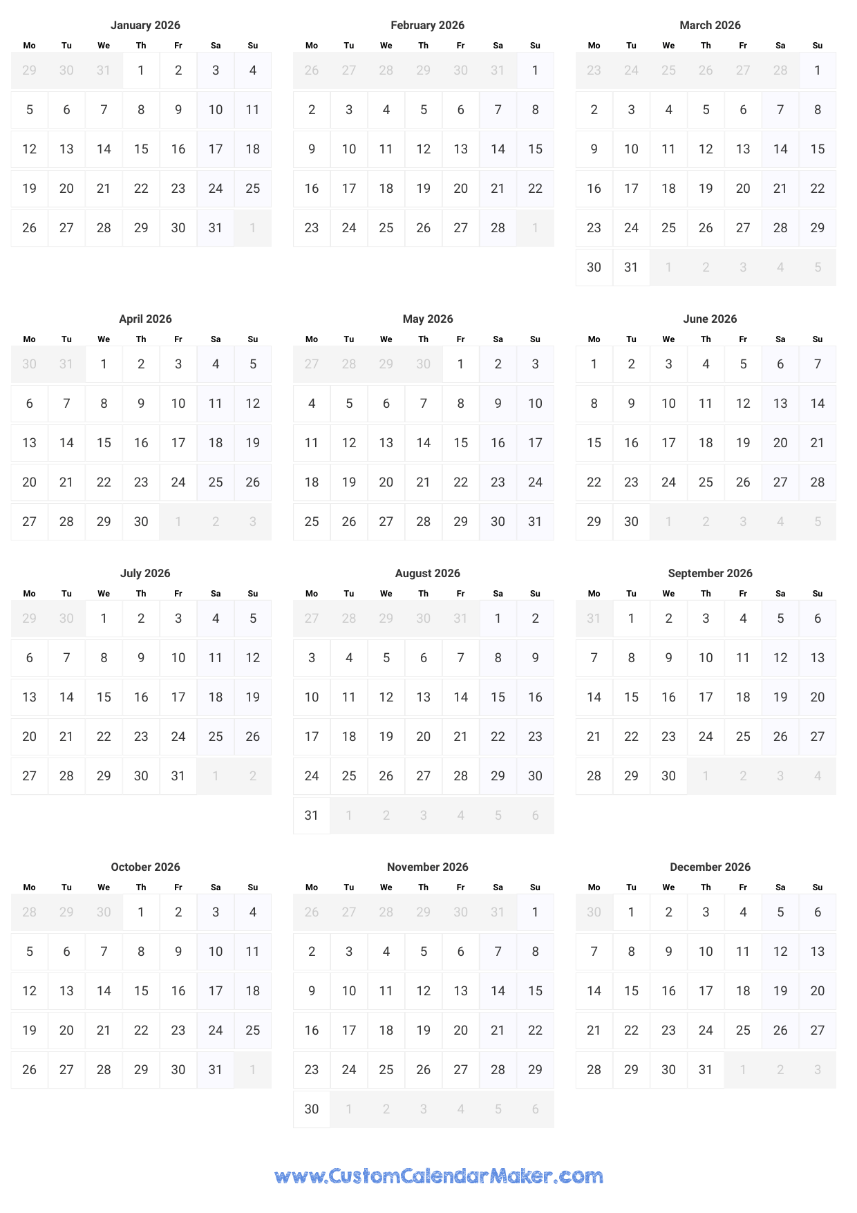 Blank Yearly Calendar 2026 Printable