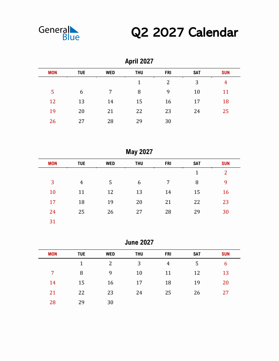 Q2 2027 Calendar Template In PDF Excel And Word Monday Start