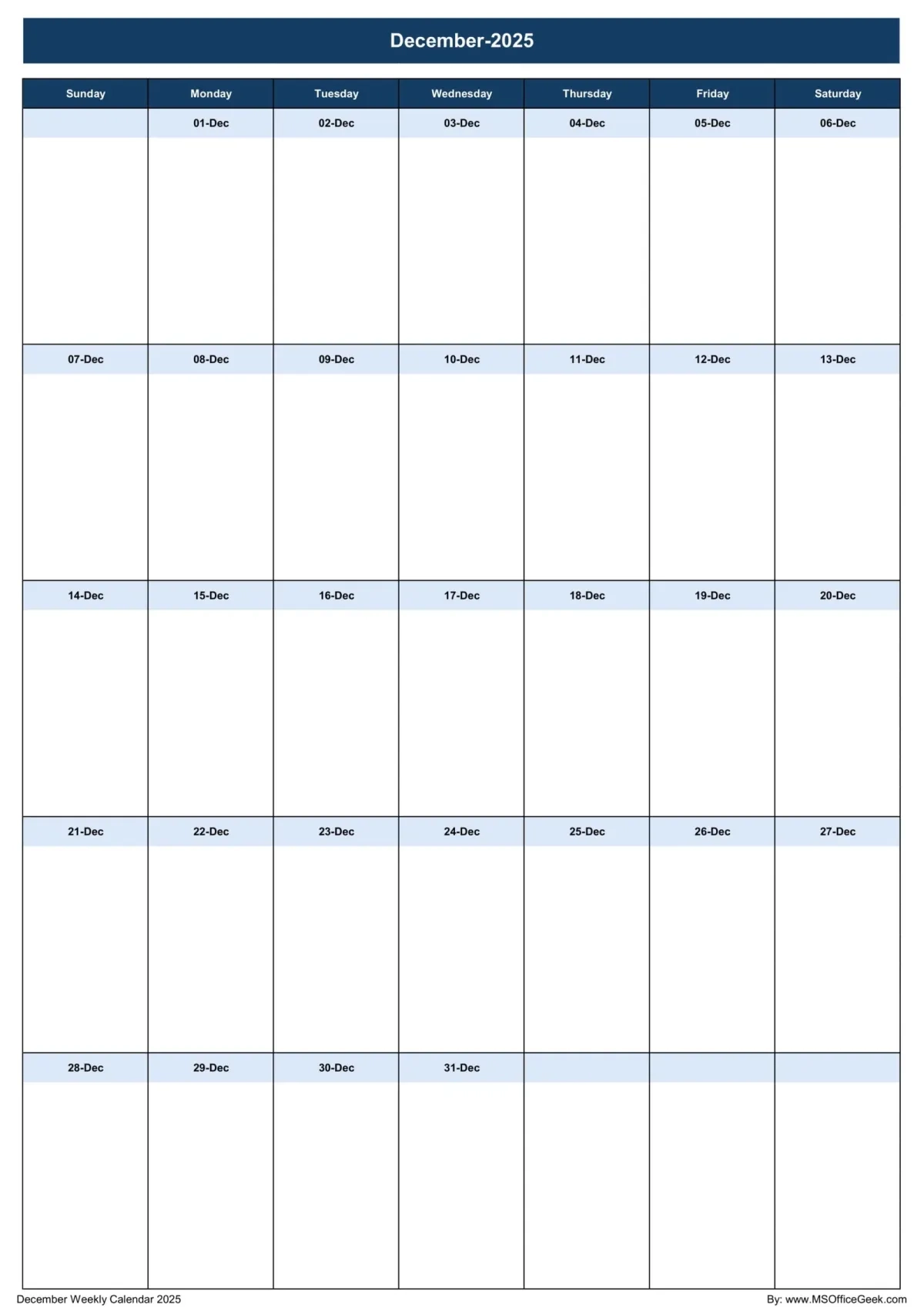 Free Printable December Weekly Calendar