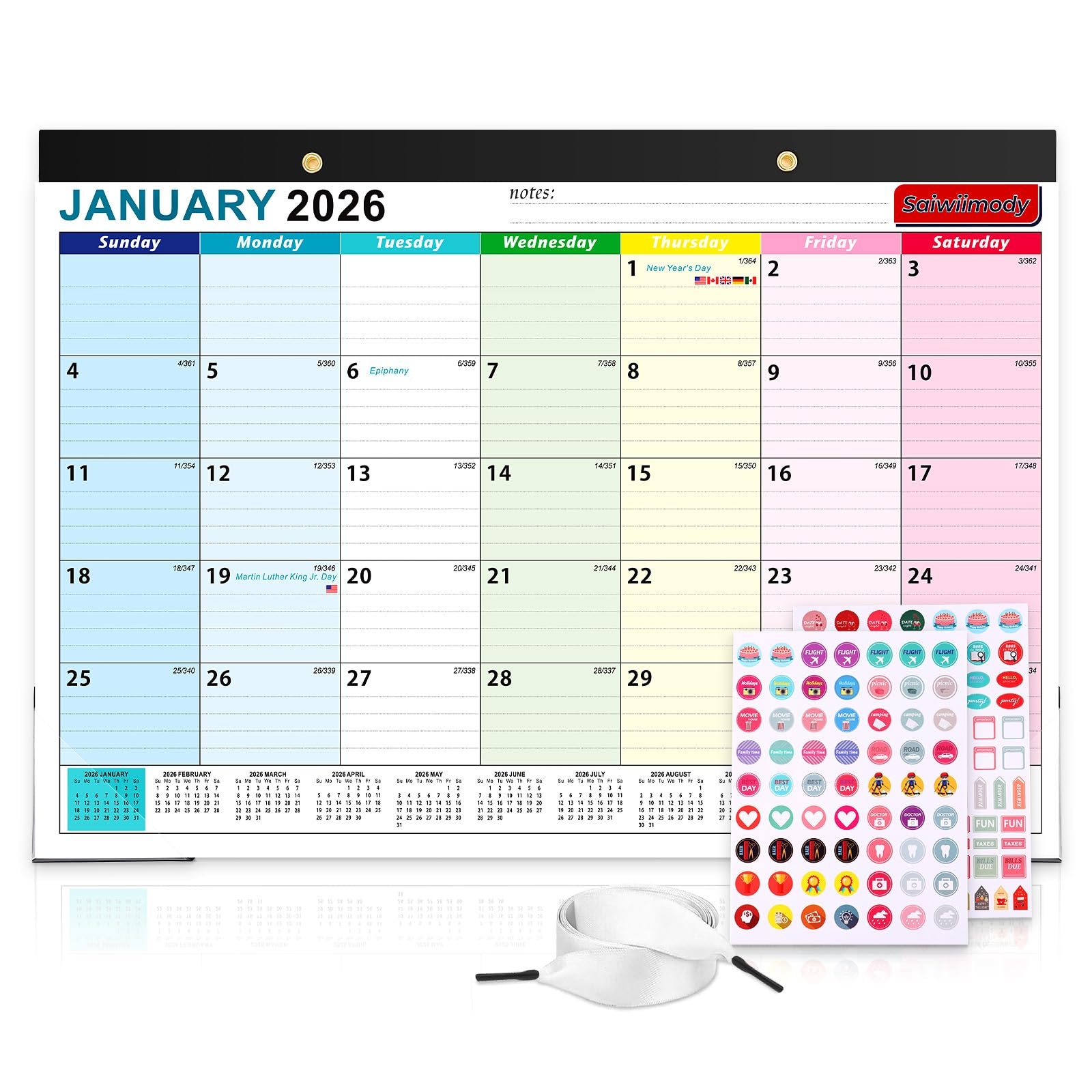 Saiwiimody Calendar 2026 With Stickers And Clear Waterproof Cover 