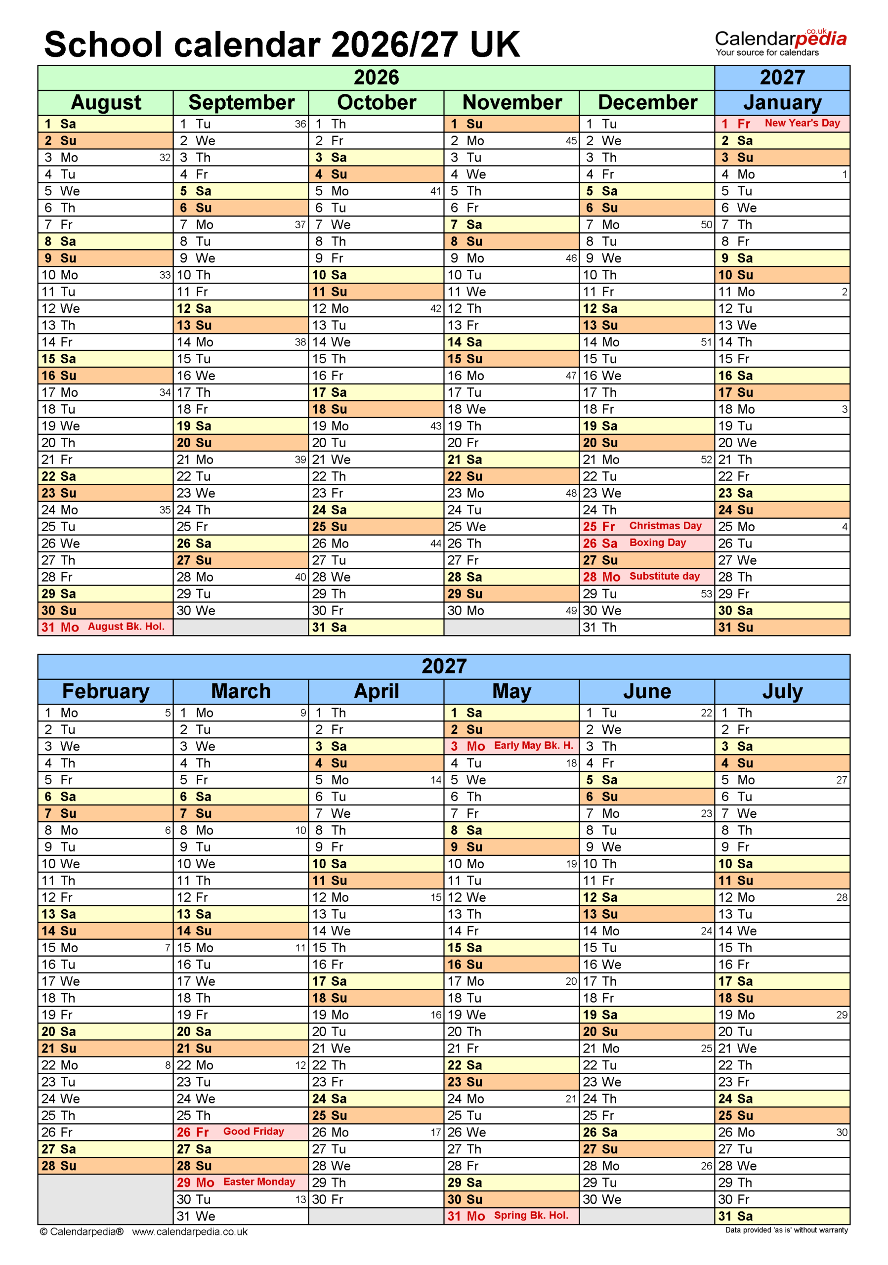 School Calendars 2026 27 UK Free Printable PDF Templates