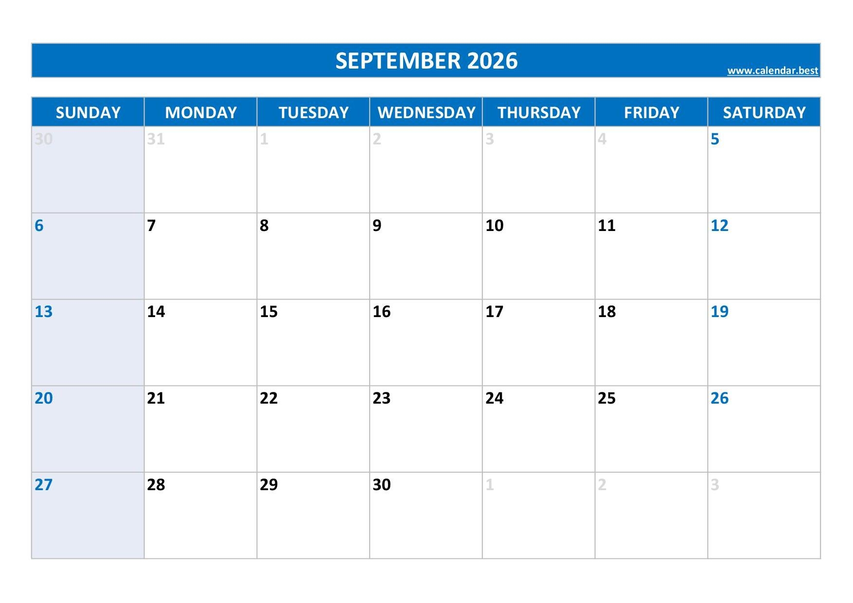 Blank Calendar Template September 2026 Printable