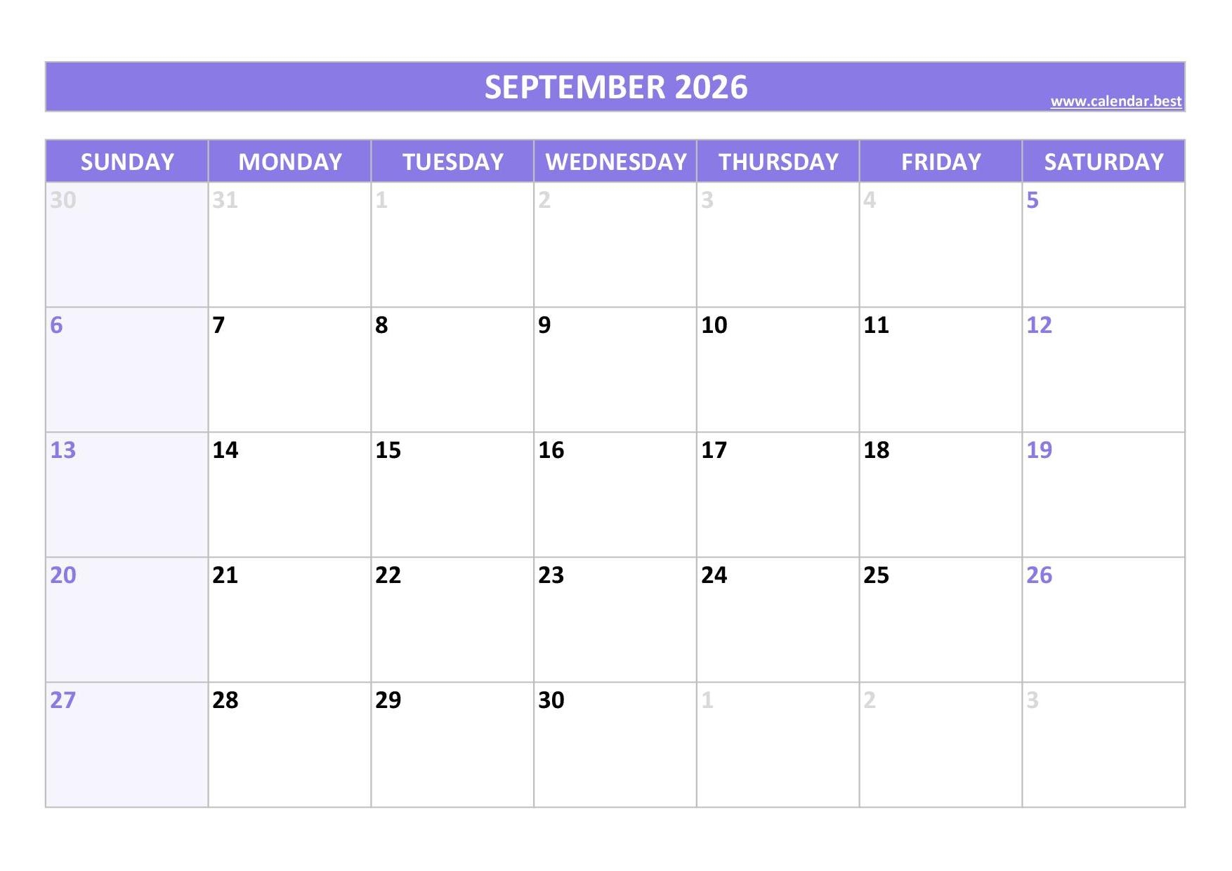 Blank Calendar September 2026 Printable