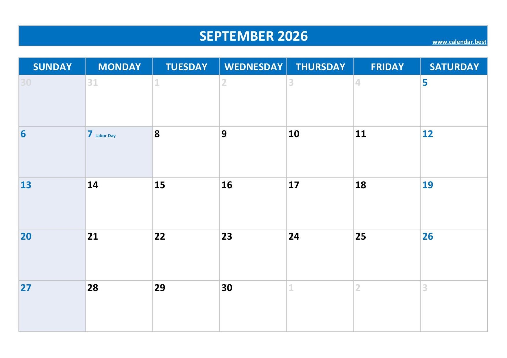 Blank Calendar 2026 September Printable