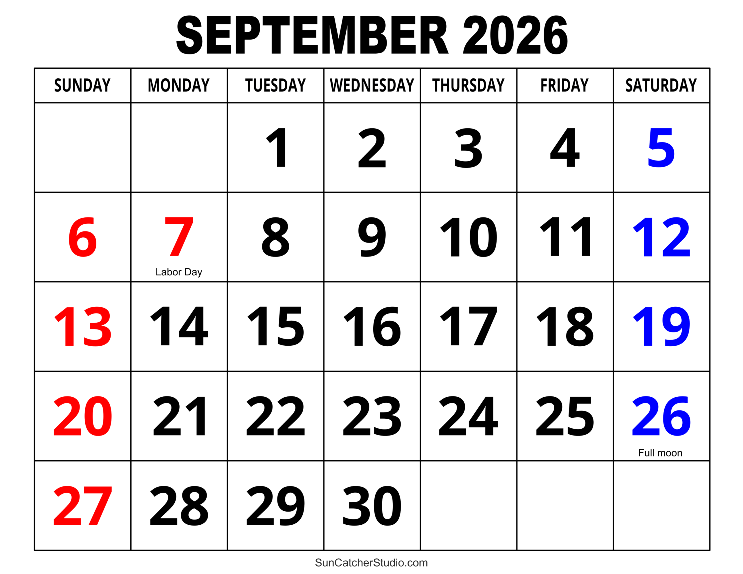 Blank Calendar September 2026 Free Printable
