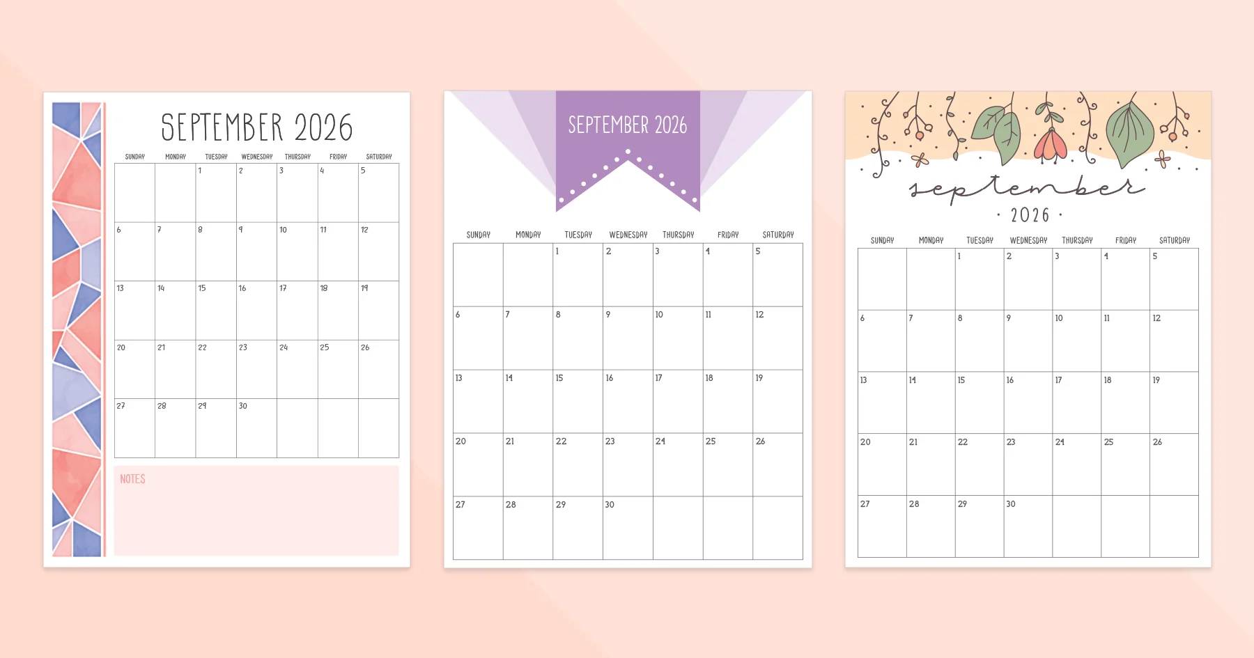 September 2026 Calendar Printable PDF Templates