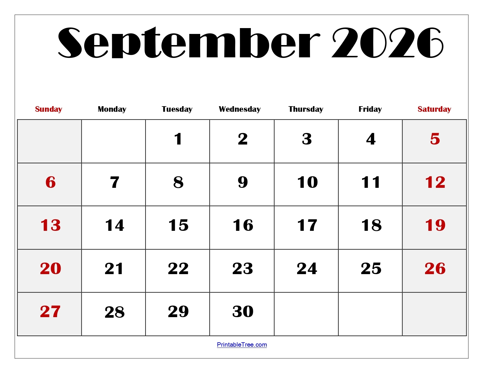 Blank Printable September Calendar 2026