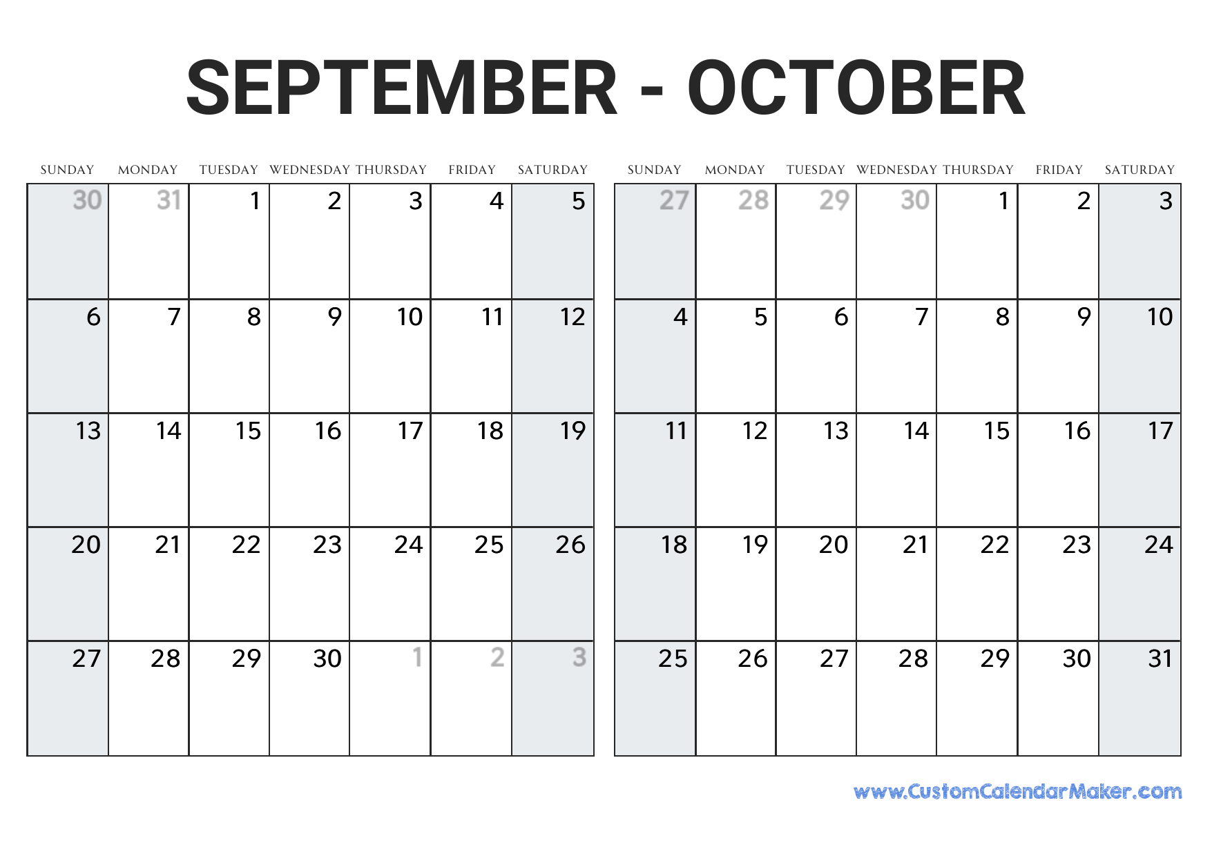 September And October 2026 Calendar Custom Calendar Maker