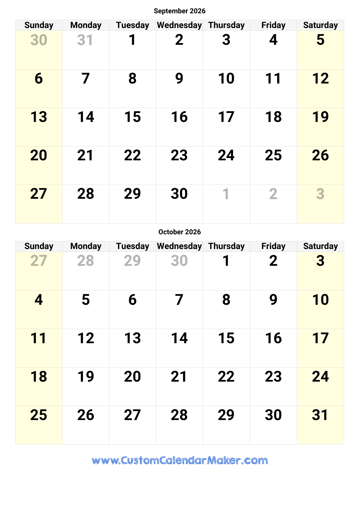 September To December 2026 Calendar Printable