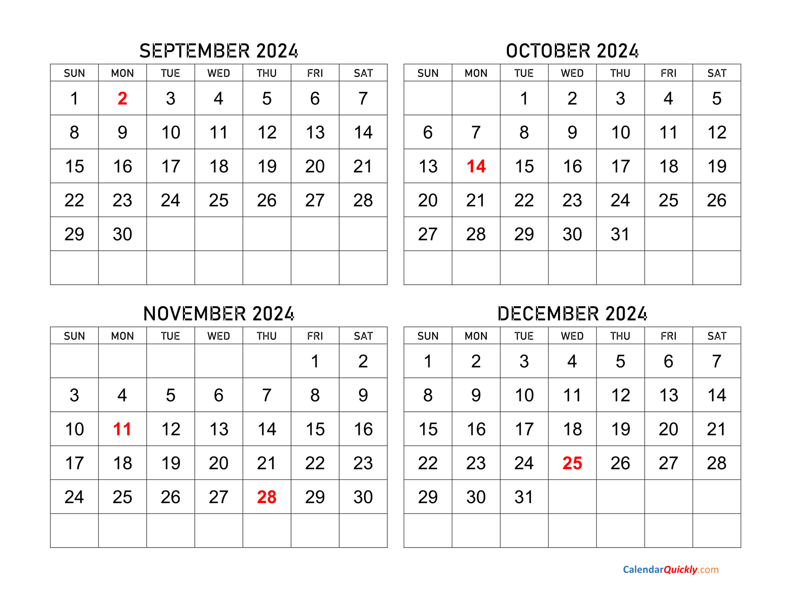 September To December 2024 Calendar Calendar Quickly