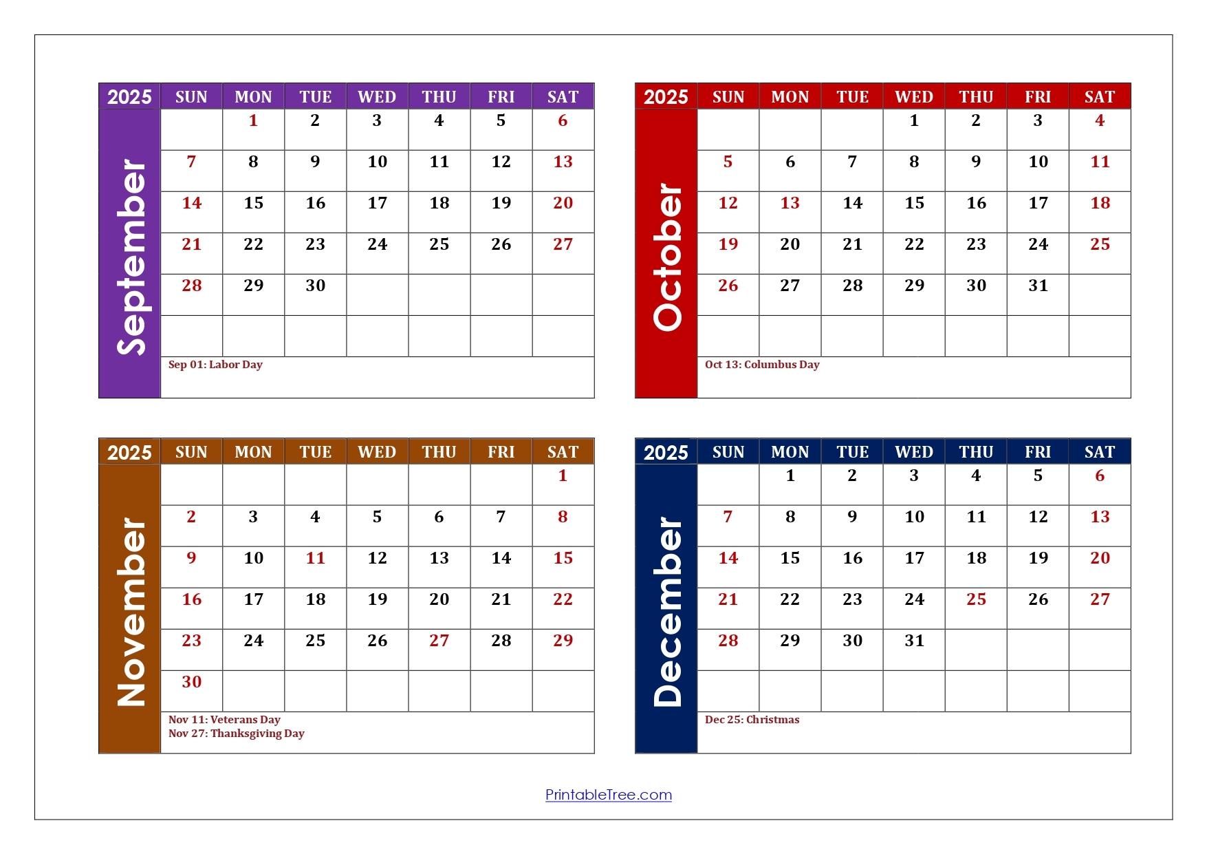 Printable Calendar September Through December 2026