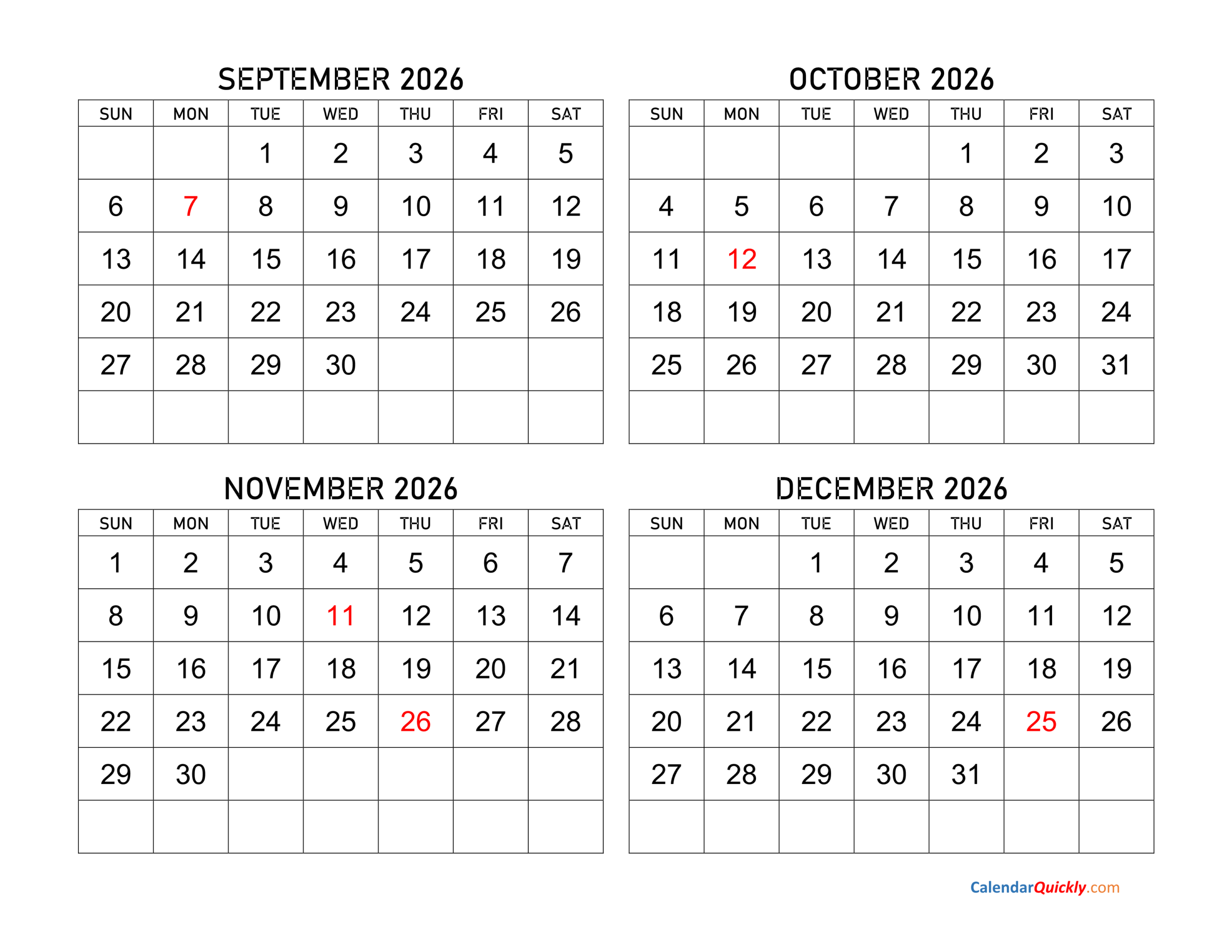 September To December 2026 Calendar Calendar Quickly