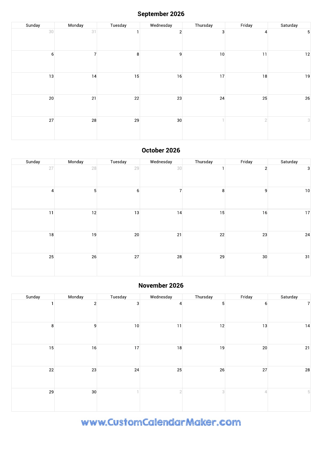 September Through December 2026 Calendar Printable