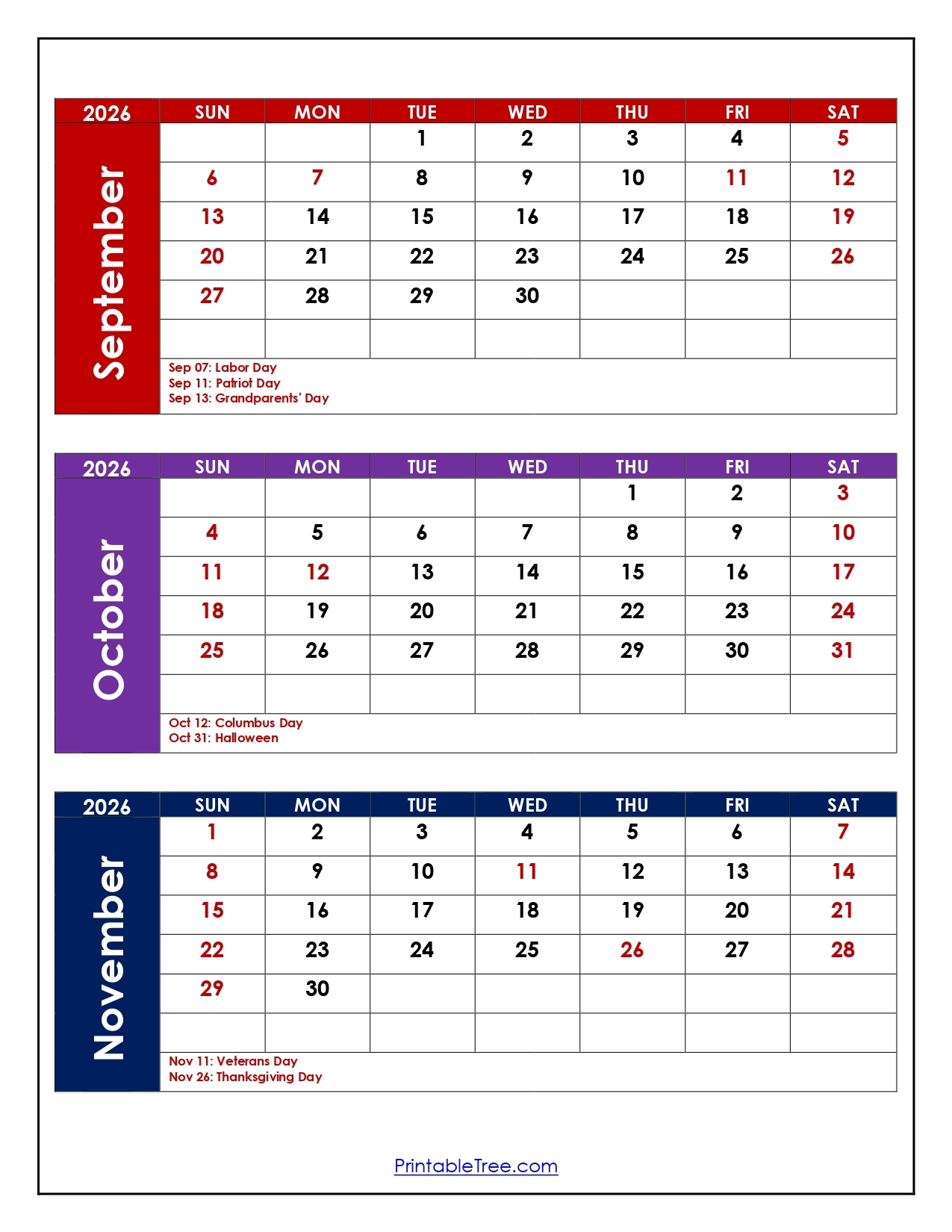 October November 2026 Calendar Printable