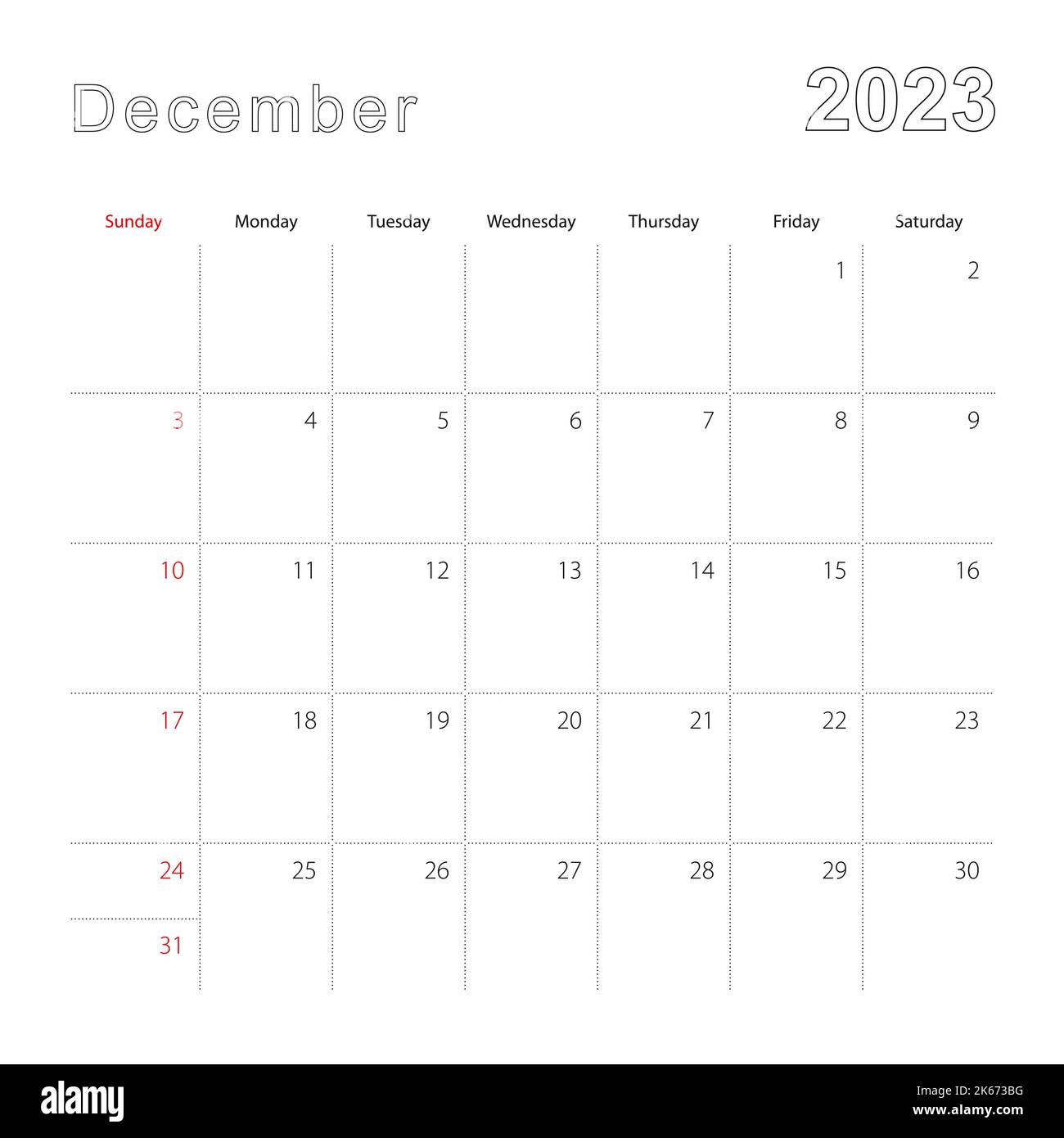 Simple Wall Calendar For December 2023 With Dotted Lines The 