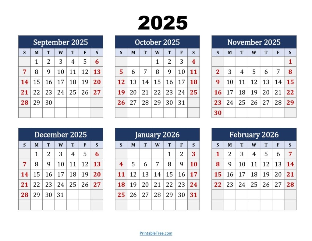 Six Month Calendar 2025 2026 Printable PDF 6 Months Calendar