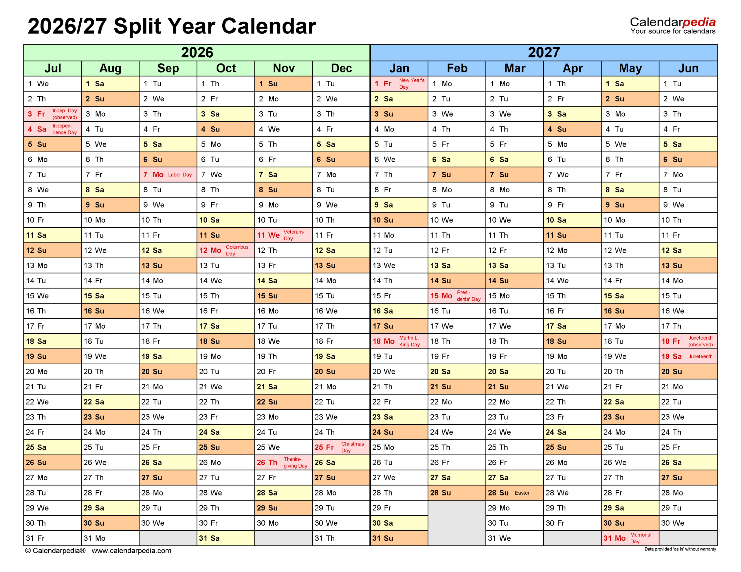 August 2026-July 2027 Calendar