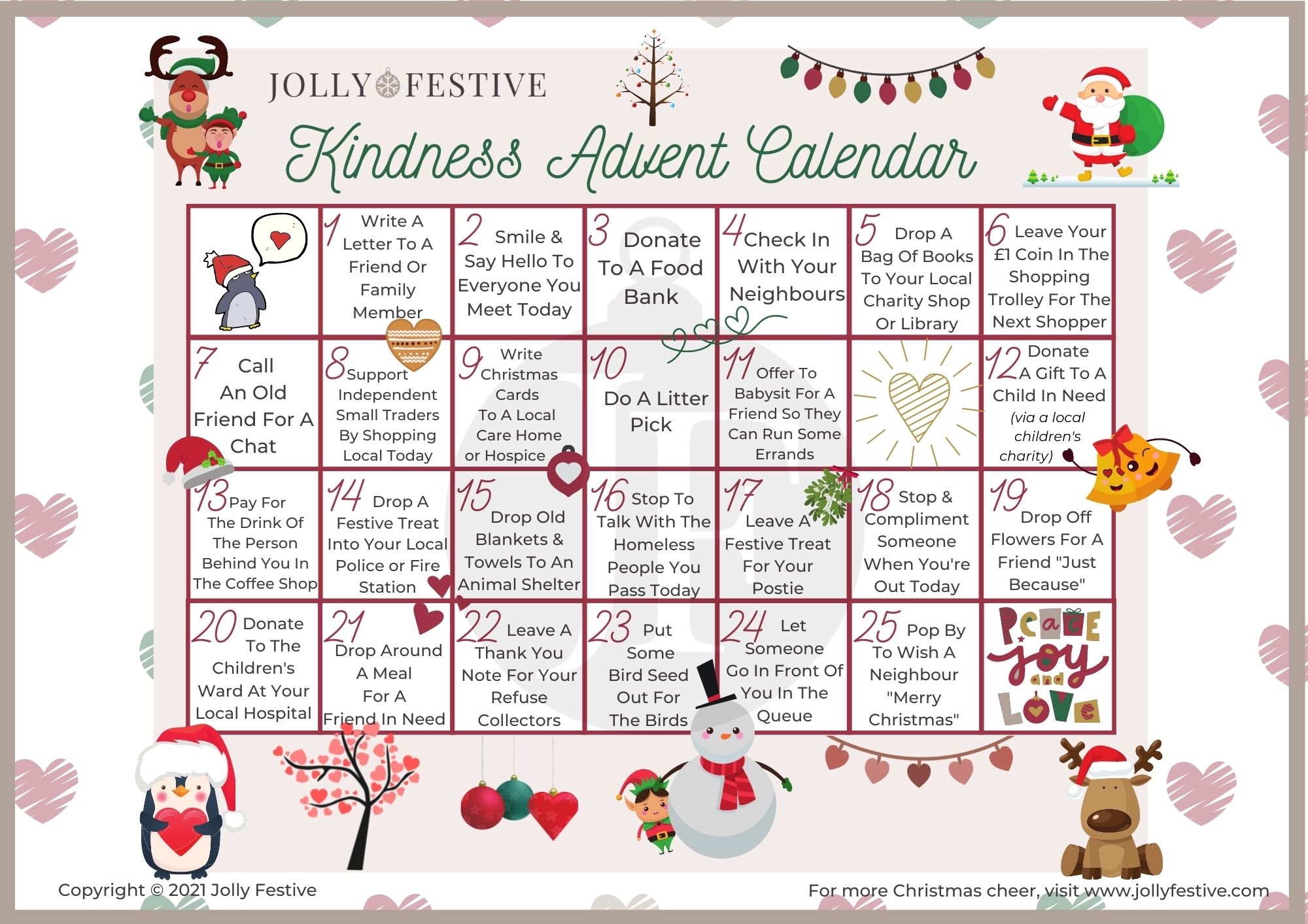 December Printable Calendar Kindness Calendar
