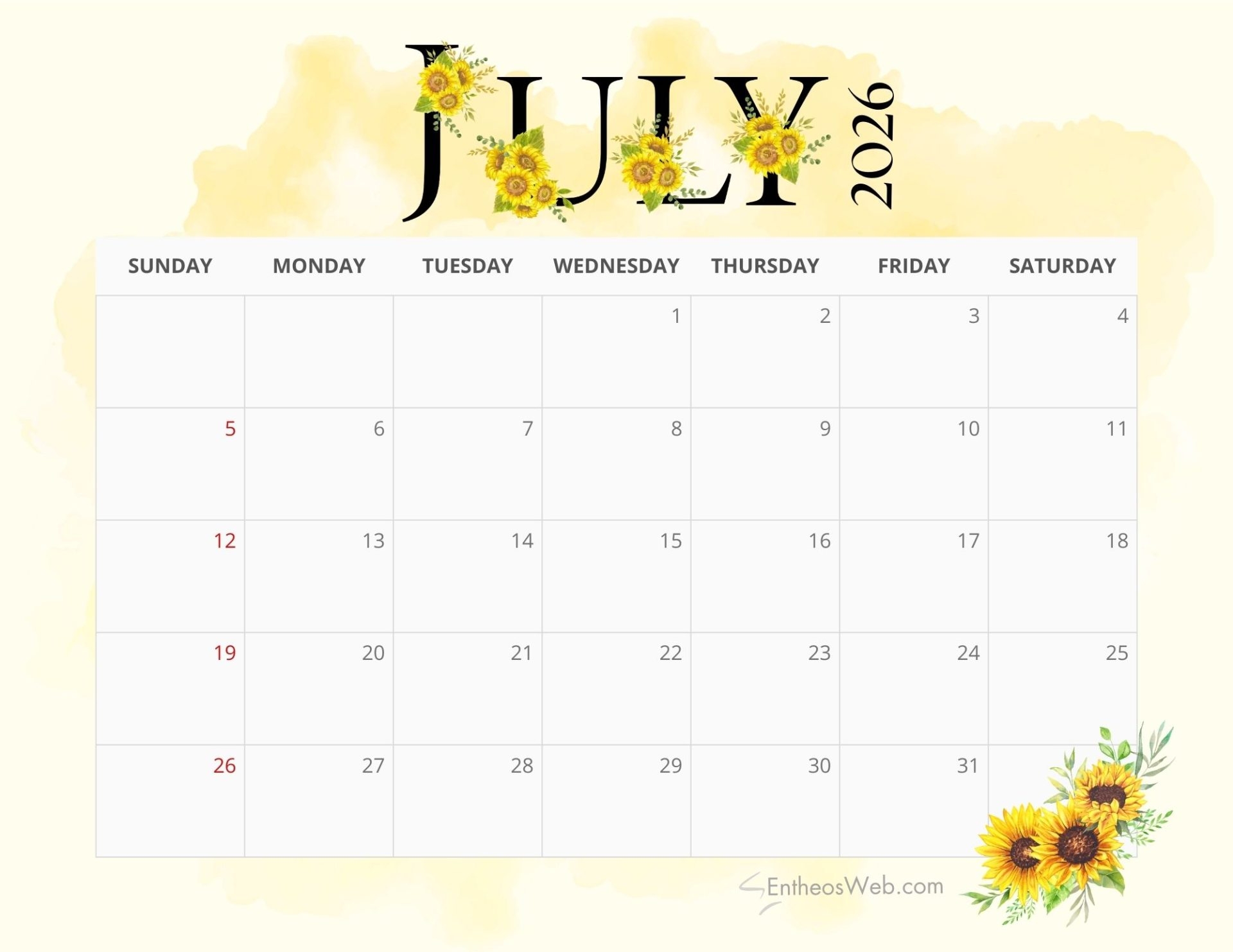 Sunflowers 2026 Monthly amp 2 4 6 Month Printable Calendars 