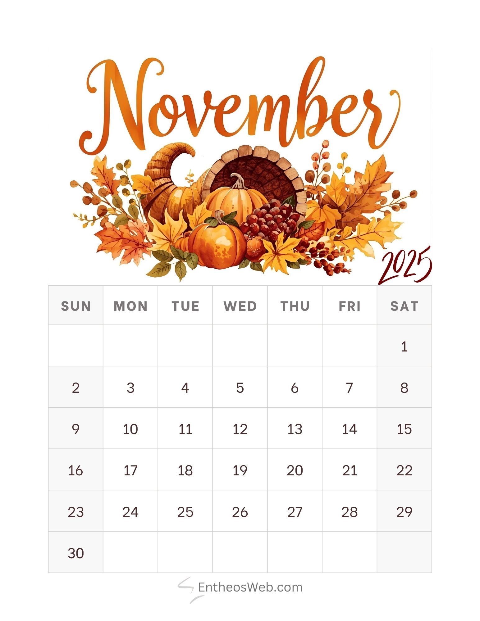 November Calendar 2026 Printable With Turkeys