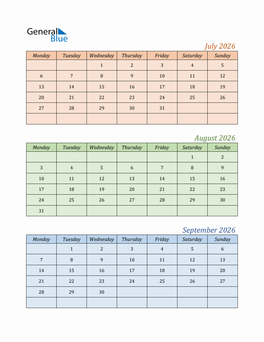 Three Month Calendar For Year 2026 July August And September 