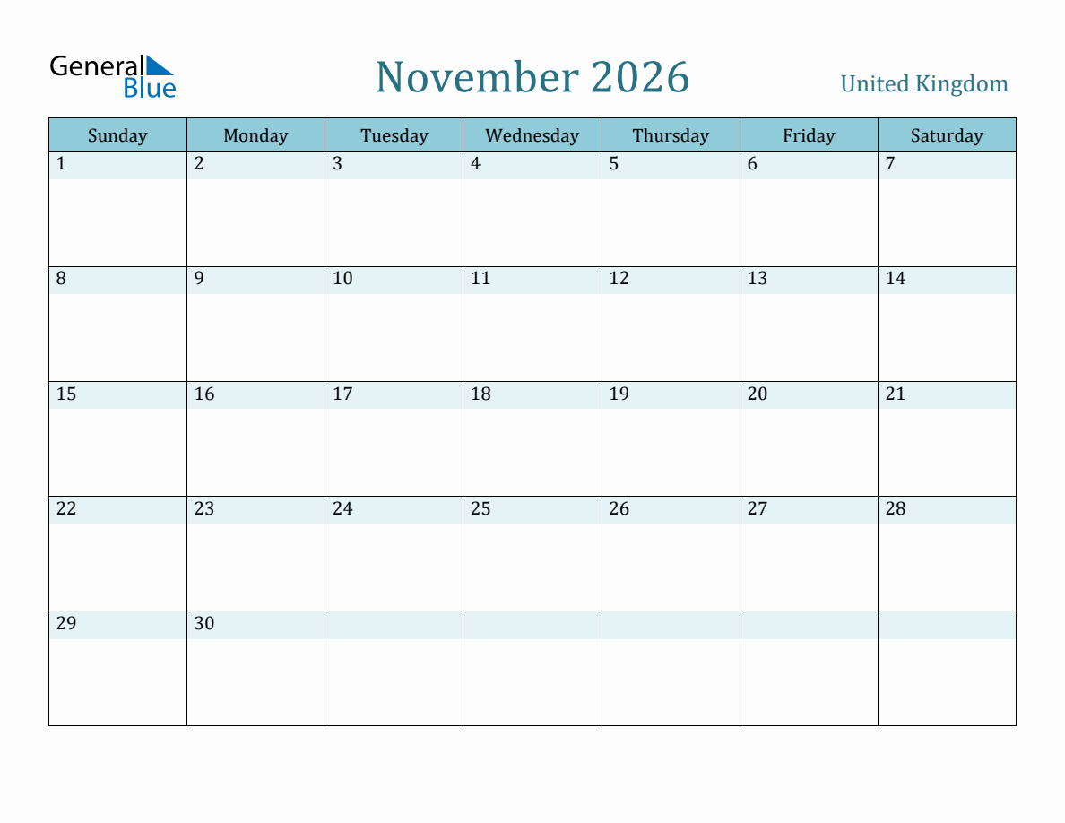 United Kingdom Holiday Calendar For November 2026