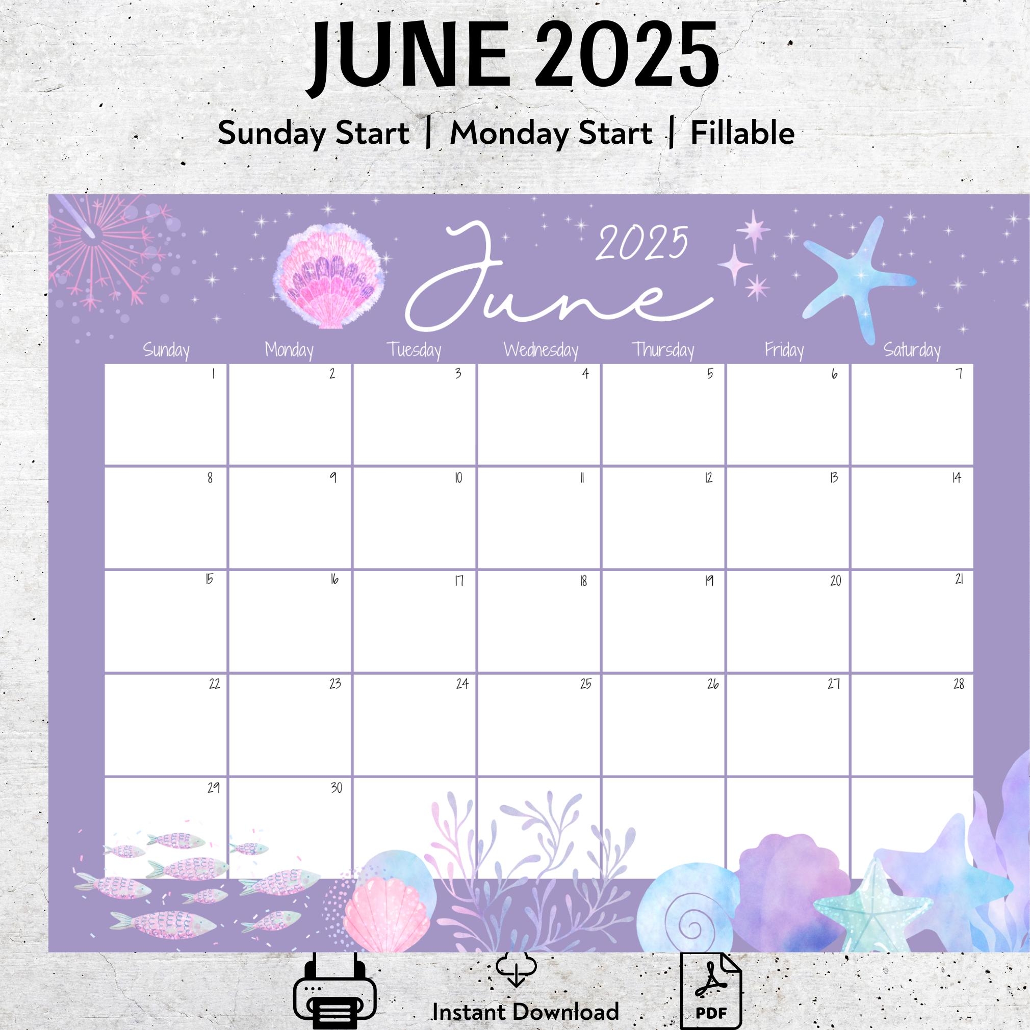 Unterwasser Thema Juni 2025 Kalender Druckbarer Monatsplaner 