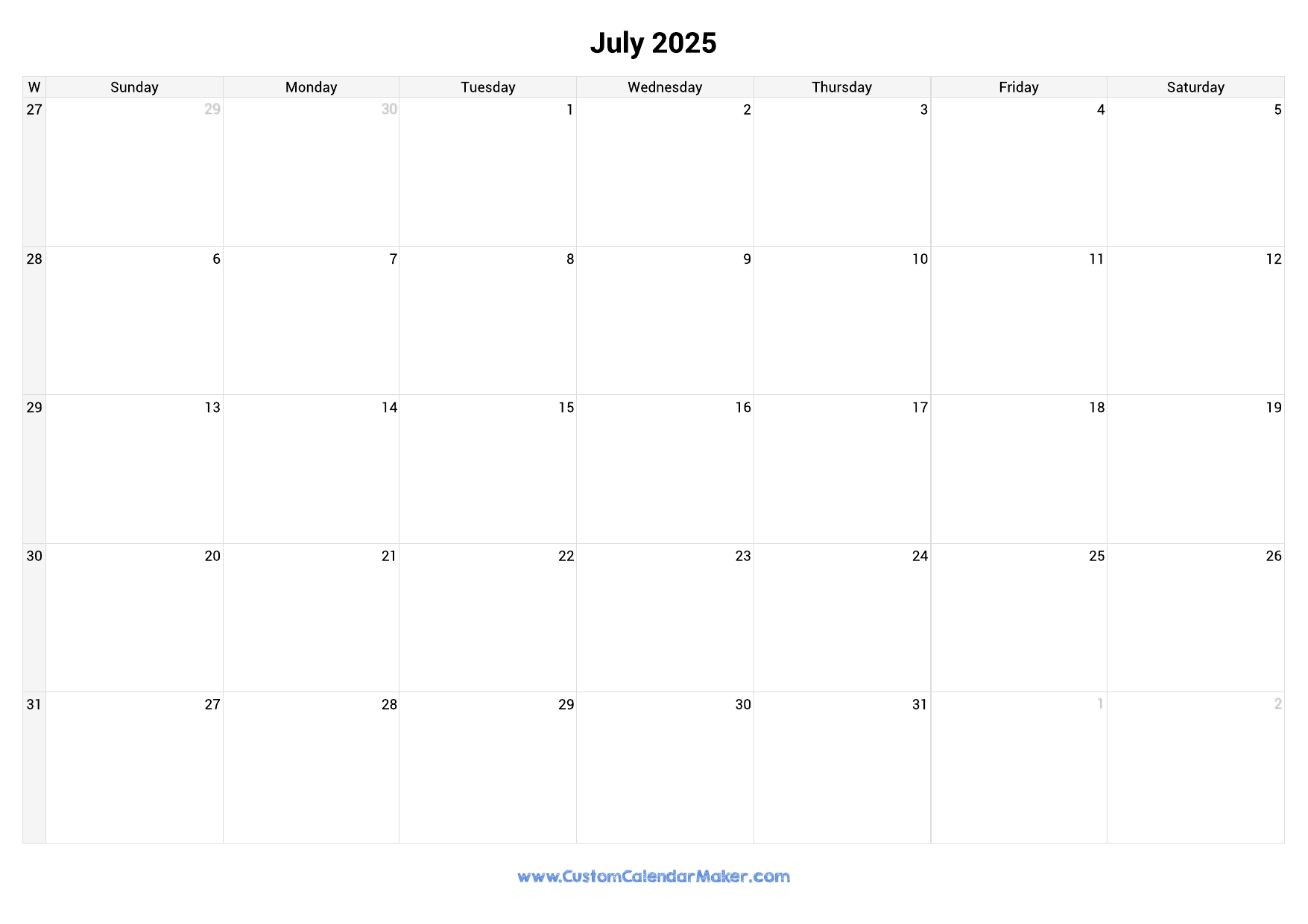 July 2025 Calendar Monday Start