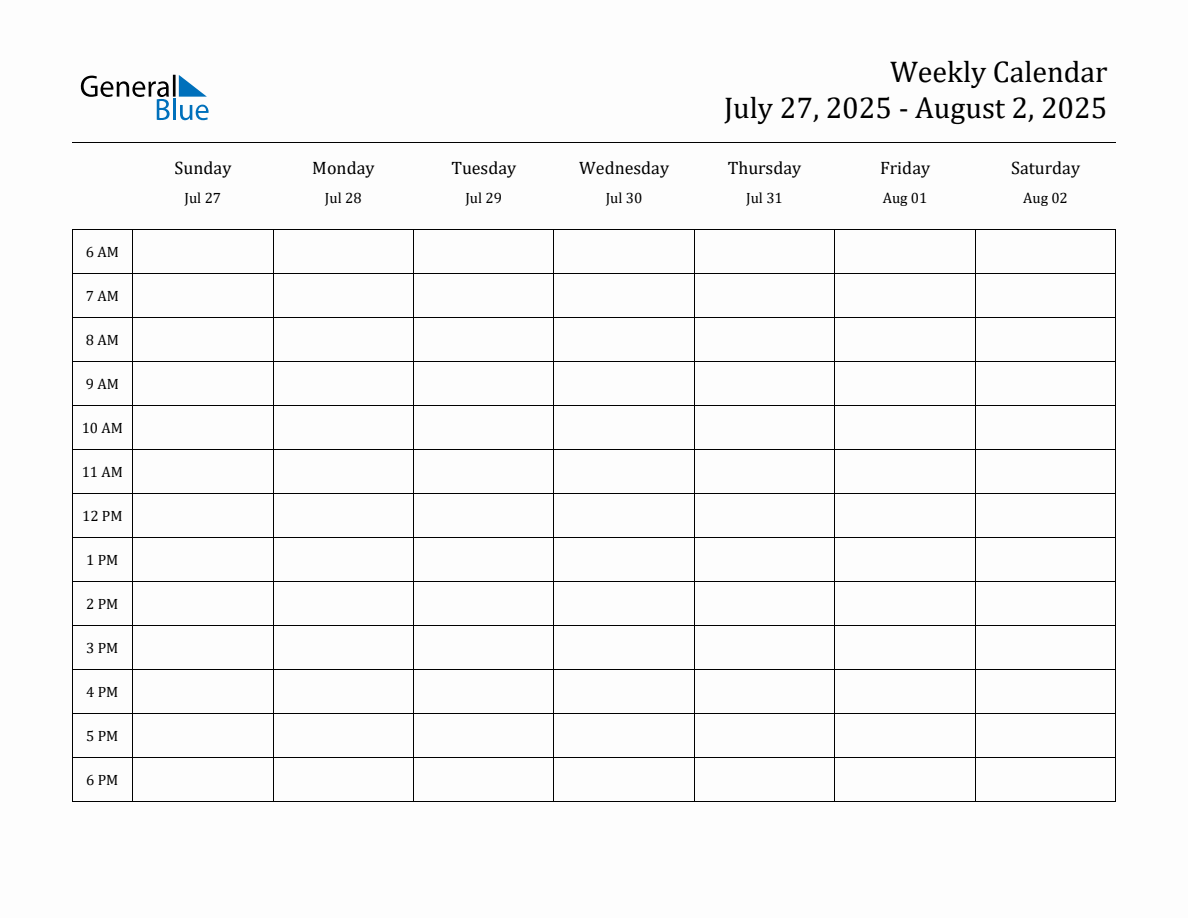 Weekly Calendar July 27 2025 To August 2 2025 PDF Word Excel 
