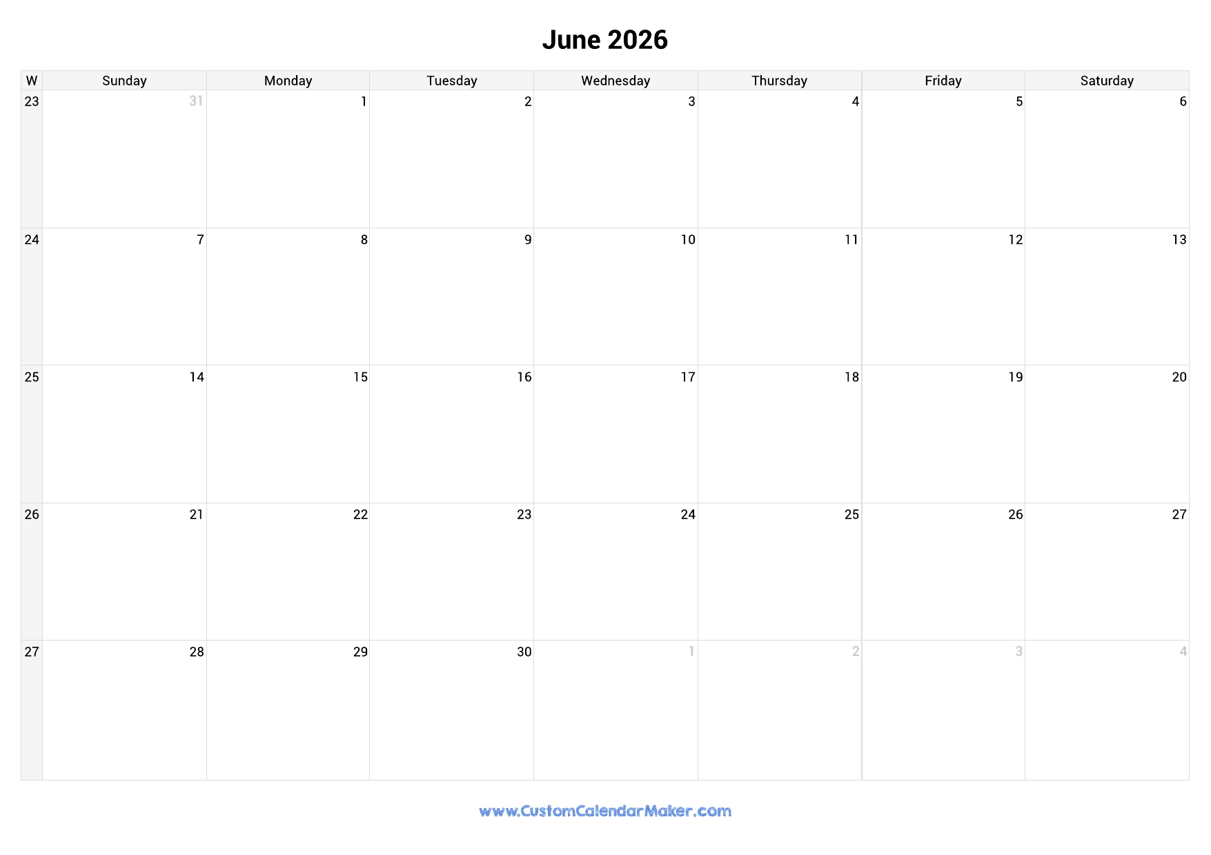 Weekly Calendar June 2026 Custom Calendar Maker