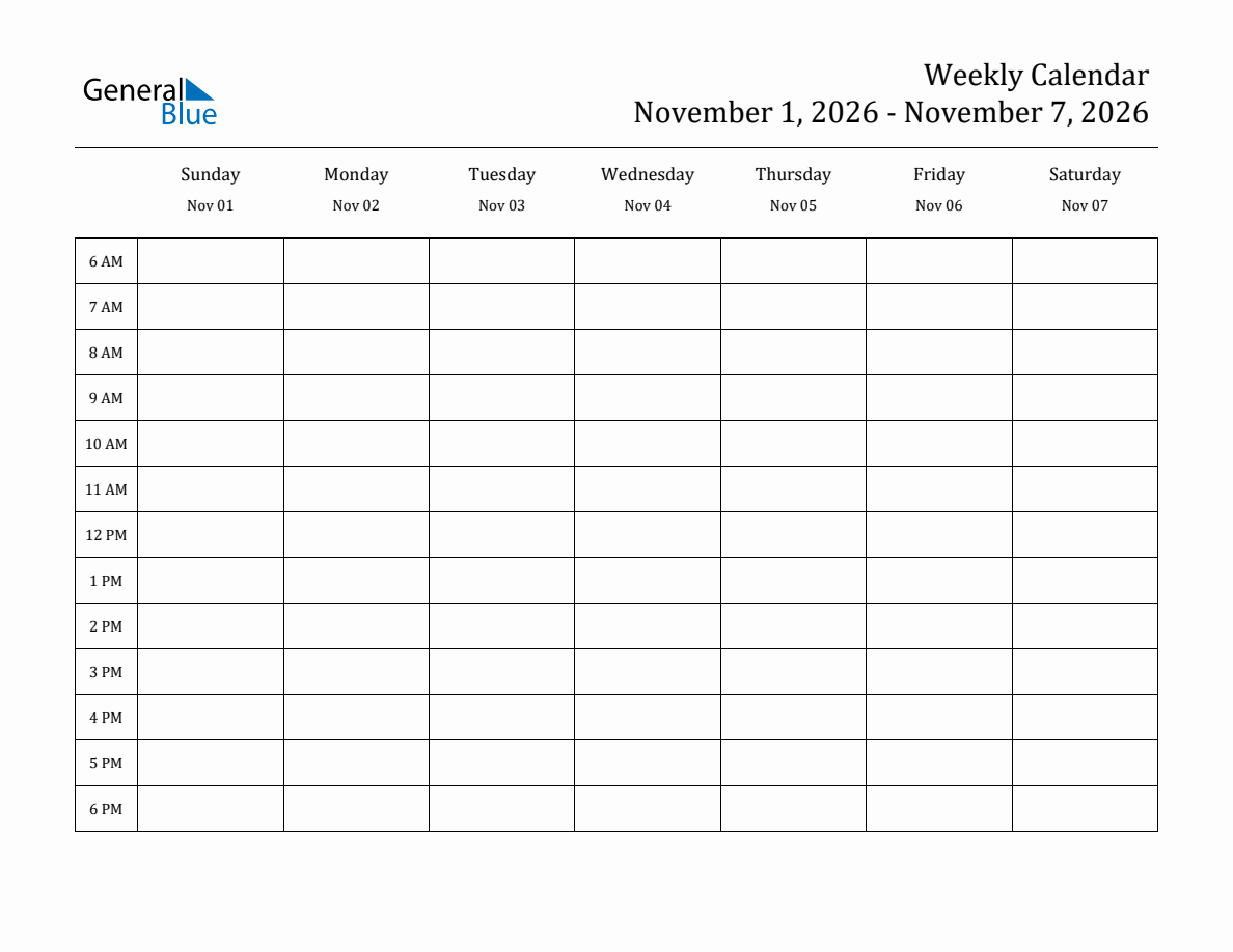 Weekly Calendar November 1 2026 To November 7 2026 PDF 
