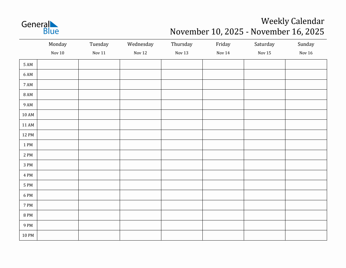 Weekly Calendar With Time Slots Week Of November 10 2025