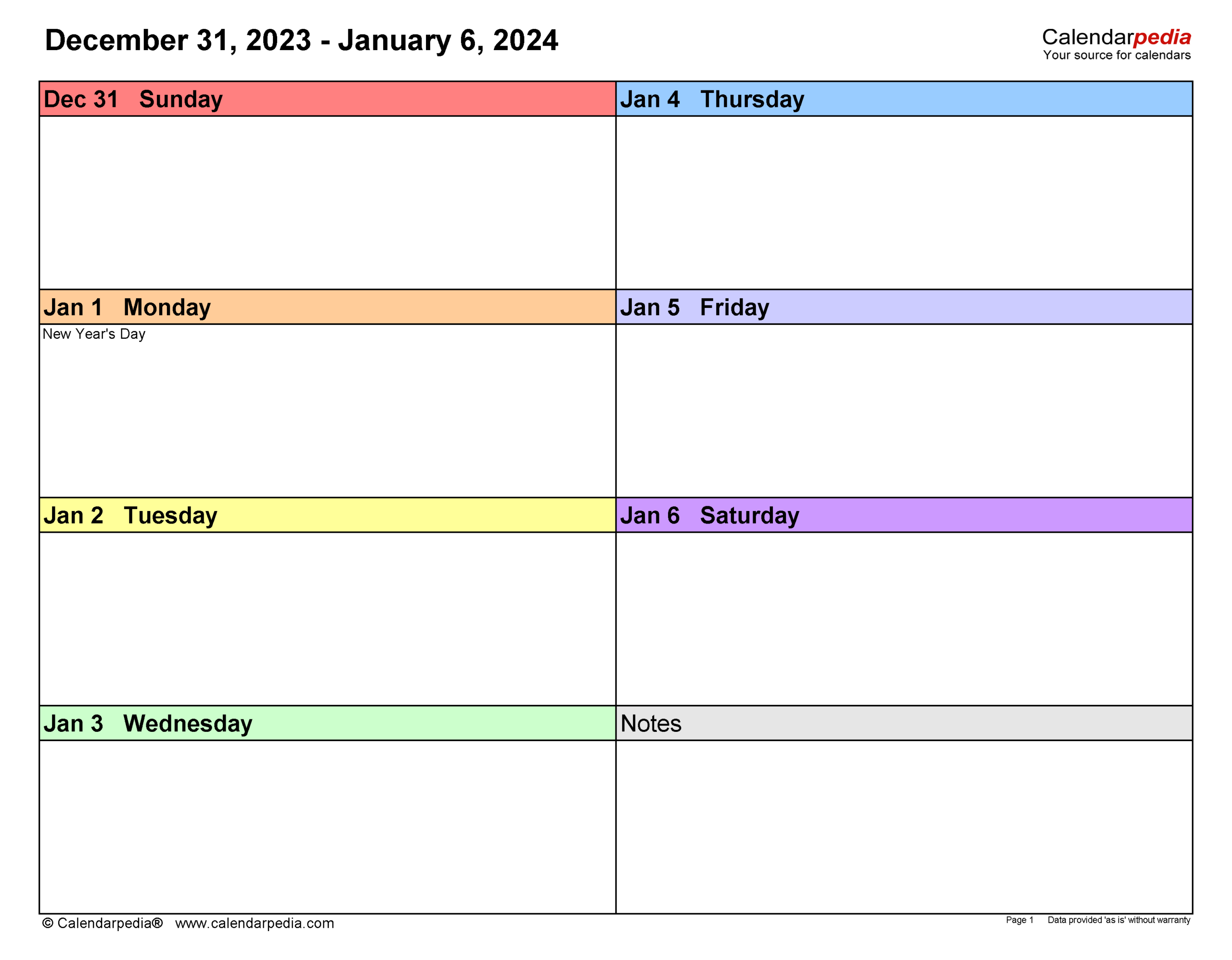 Printable December Weekly Calendar