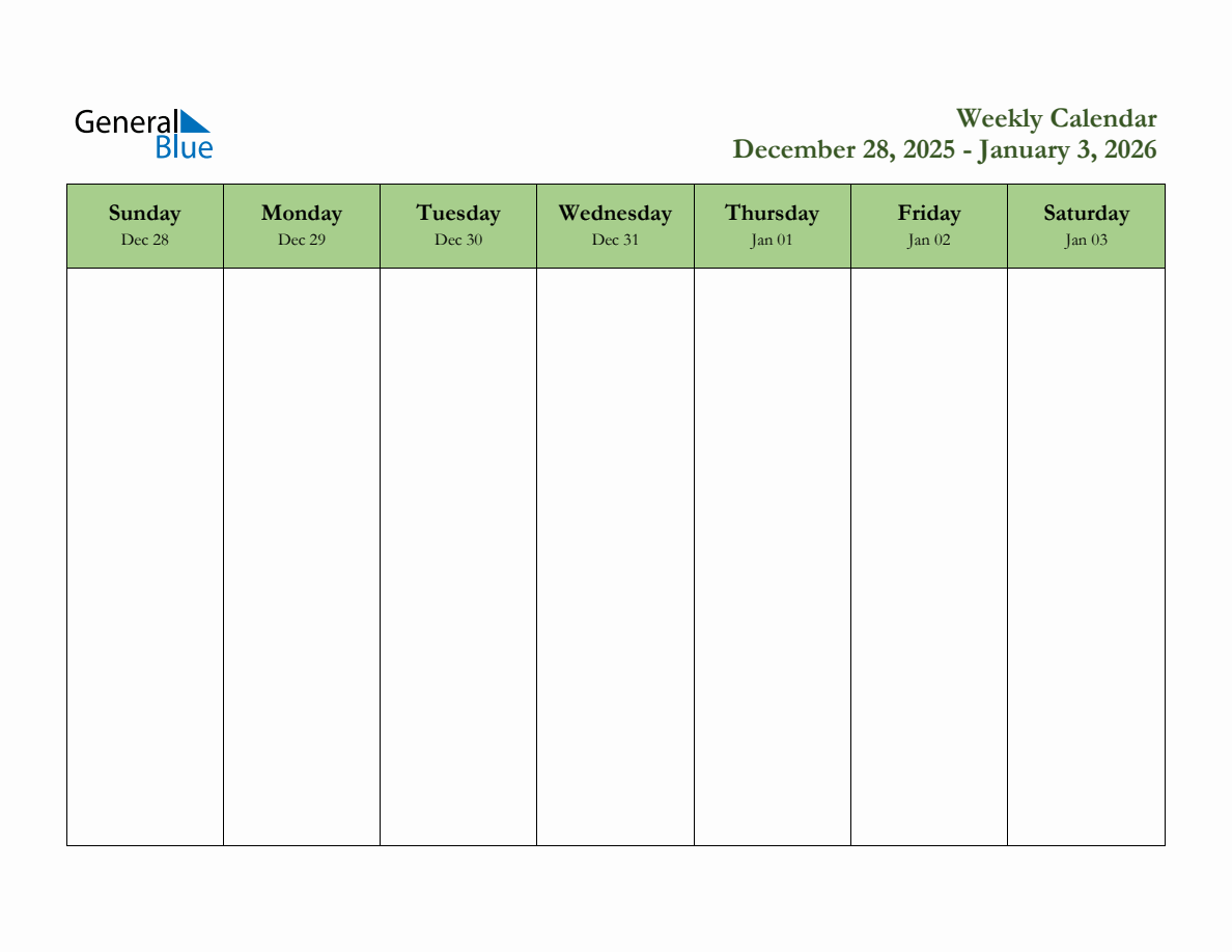Weekly Planner Template December 28 January 3 2026