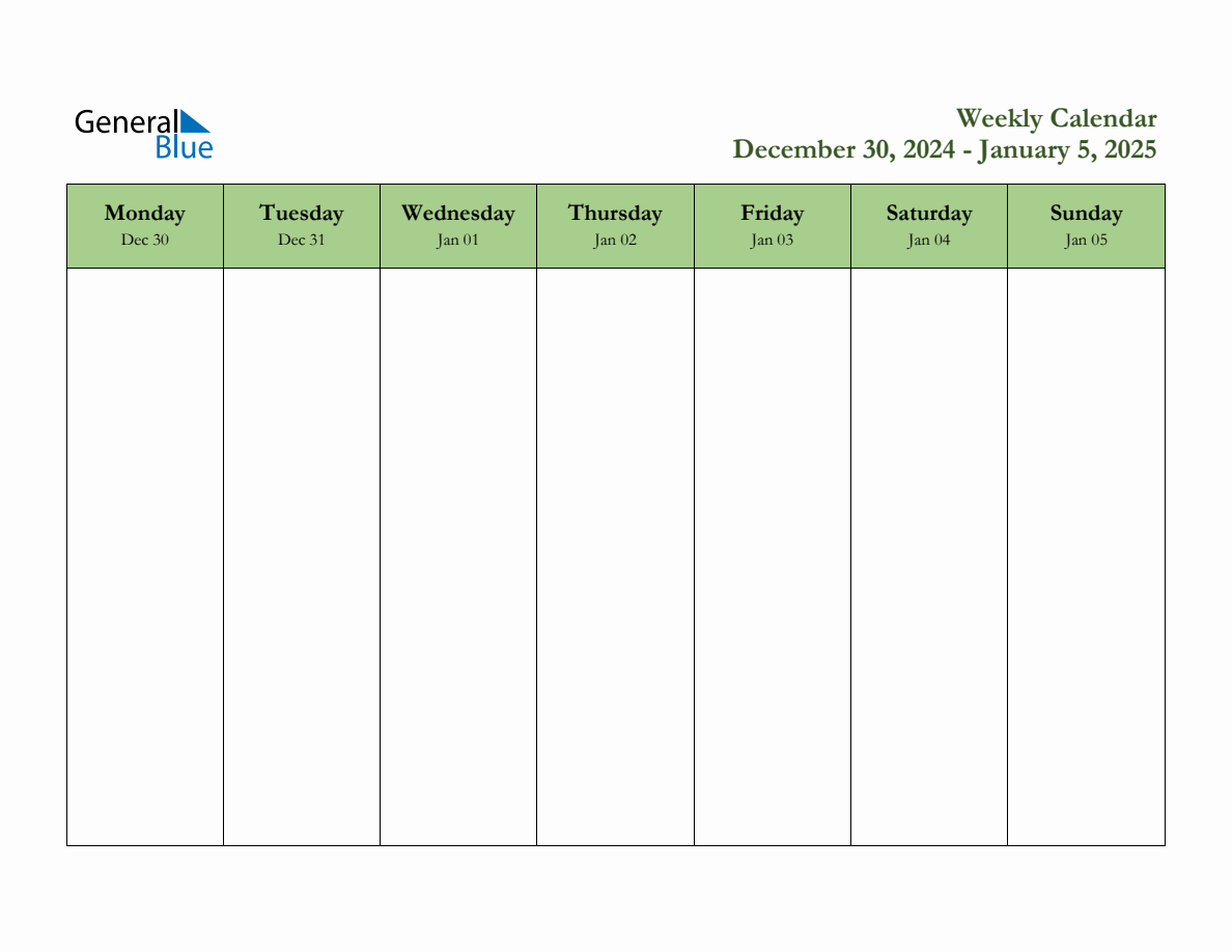 Weekly Planner Template December 30 January 5 2025
