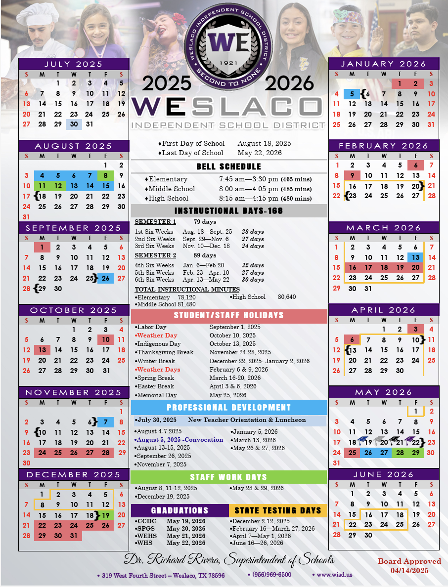 Weslaco ISD 2025 2026 School Calendar Texas Valley News