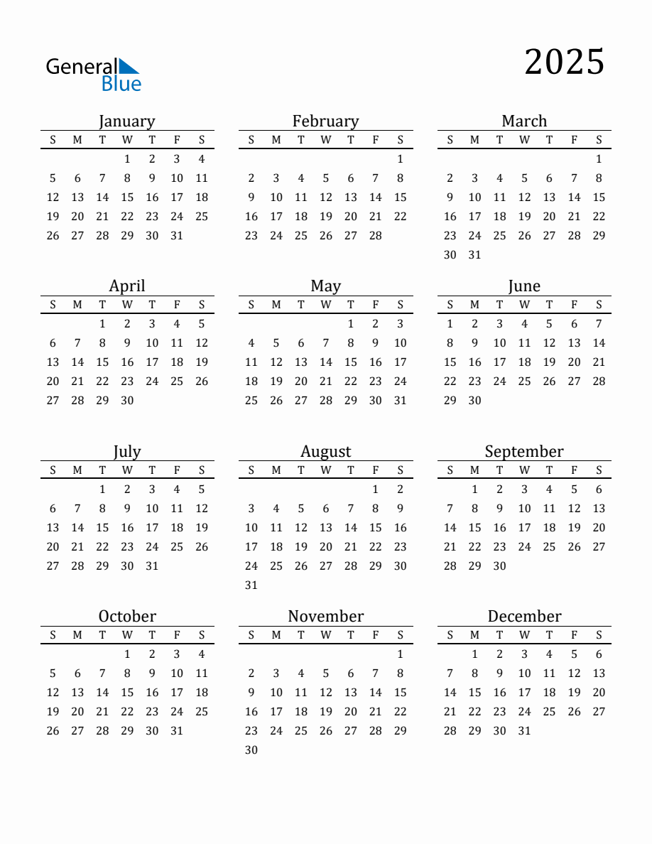 Year 2025 Free Printable 12 Month Calendar