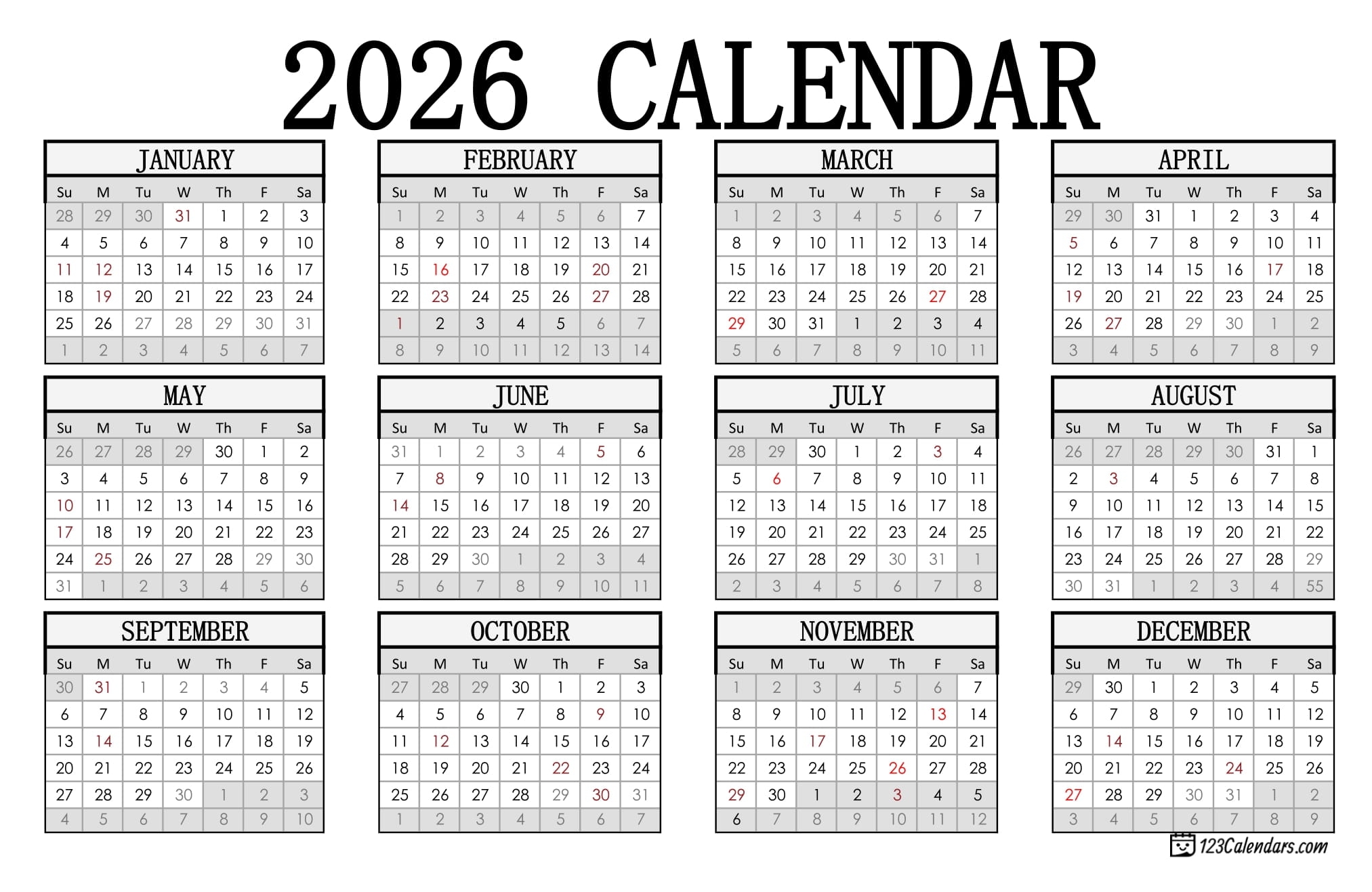 Year 2026 Calendar Templates 123Calendars