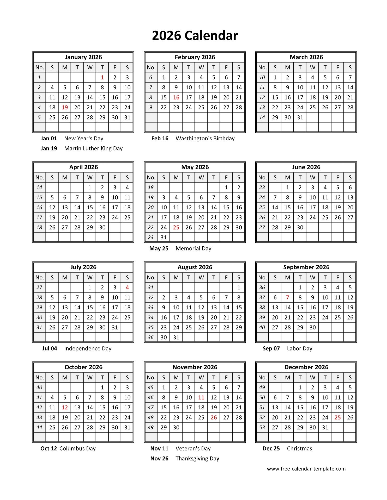 Yearly Printable Calendar 2026 With Holidays Free calendar 